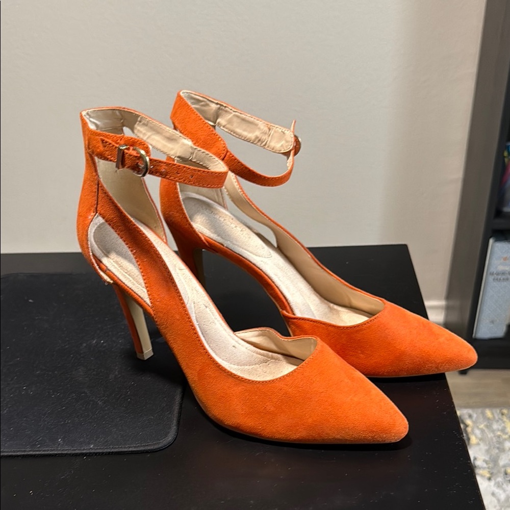 Eva Mendes Women's High Heels Ankle Strap Pointed Toe Suede Fabric Orange 10